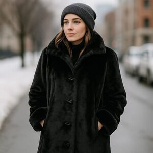Black Reversible Faux Fur Trim Winter Coat‎ High Collar and Button Closure L